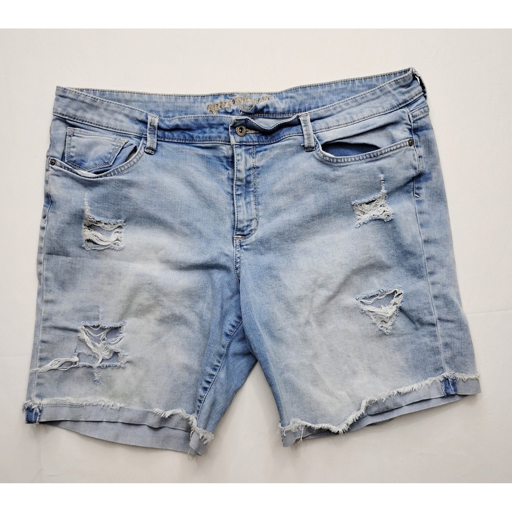 Arizona Jeans Co Women's Juniors Size 19 Cuffed Blue Jean Shorts Distressed 8in
